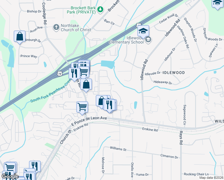 map of restaurants, bars, coffee shops, grocery stores, and more near 1281 Brockett Road in Clarkston