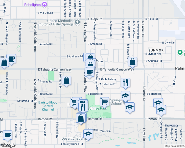 map of restaurants, bars, coffee shops, grocery stores, and more near 170 South Sunrise Way in Palm Springs