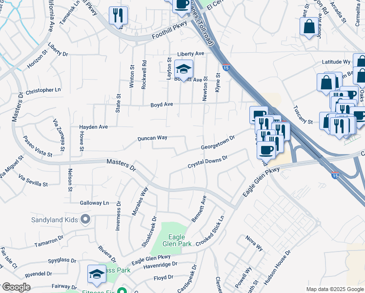map of restaurants, bars, coffee shops, grocery stores, and more near 3810 Middleburg Place in Corona