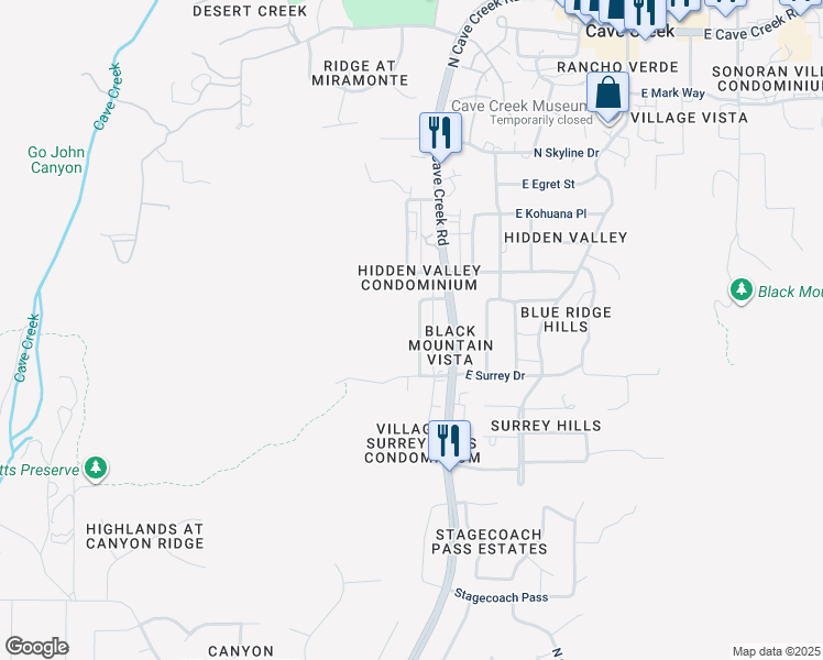 map of restaurants, bars, coffee shops, grocery stores, and more near 37001 North Conestoga Trail in Cave Creek