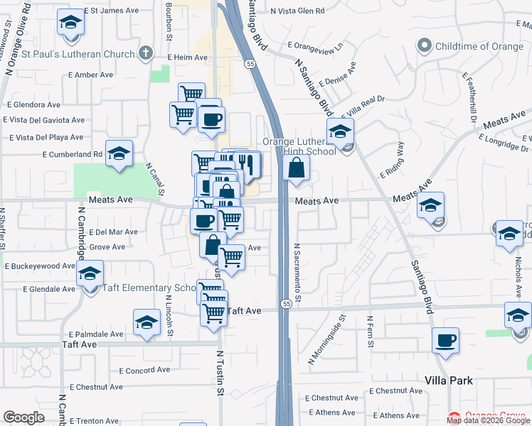 map of restaurants, bars, coffee shops, grocery stores, and more near 2051 North Highland Street in Orange