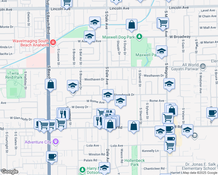 map of restaurants, bars, coffee shops, grocery stores, and more near 2780 West Wilberta Lane in Anaheim