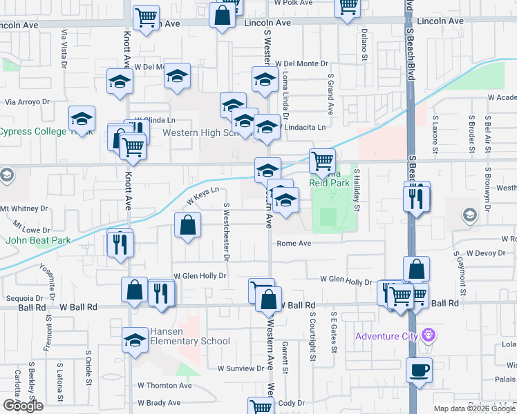 map of restaurants, bars, coffee shops, grocery stores, and more near 3224 Stonybrook Drive in Anaheim
