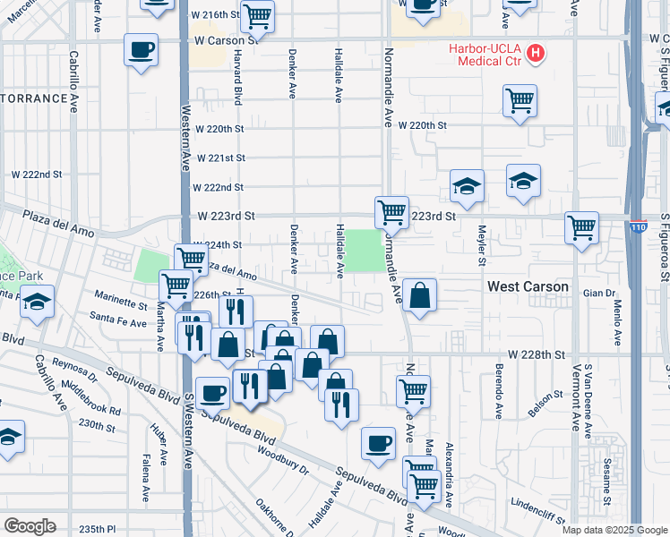 map of restaurants, bars, coffee shops, grocery stores, and more near 1414 225th Street in Torrance