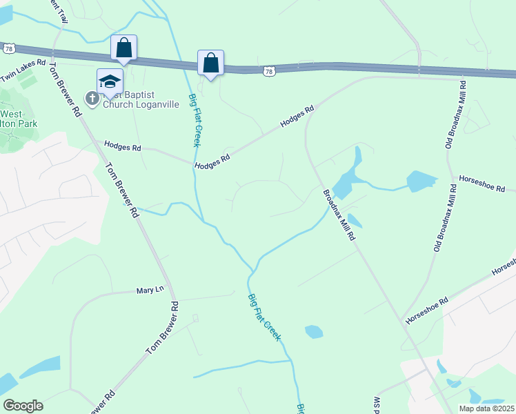 map of restaurants, bars, coffee shops, grocery stores, and more near 3135 Castlewood Drive in Loganville