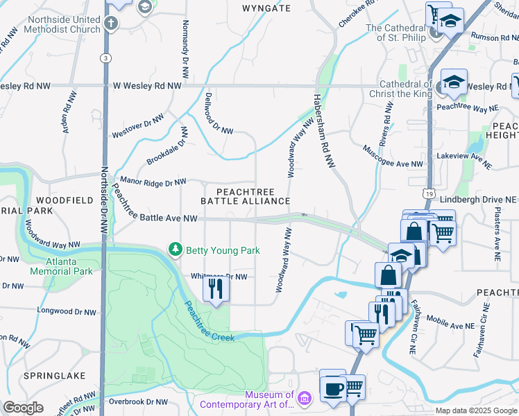map of restaurants, bars, coffee shops, grocery stores, and more near 315 Peachtree Battle Avenue Northwest in Atlanta