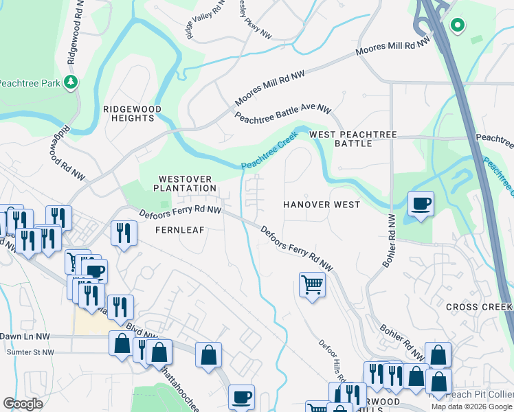 map of restaurants, bars, coffee shops, grocery stores, and more near 2 Spinning House Place Northwest in Atlanta