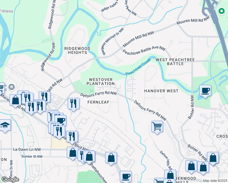 map of restaurants, bars, coffee shops, grocery stores, and more near 2556 Defoors Ferry Road Northwest in Atlanta