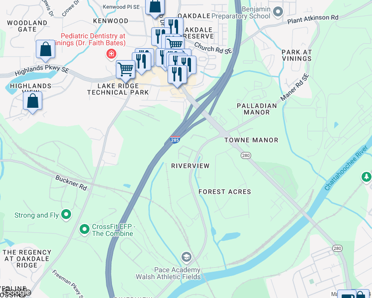 map of restaurants, bars, coffee shops, grocery stores, and more near 5328 Concordia Place in Atlanta