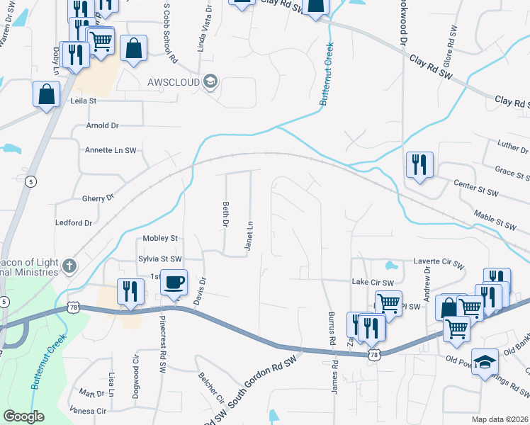 map of restaurants, bars, coffee shops, grocery stores, and more near 1552 Lake Circle Southwest in Austell