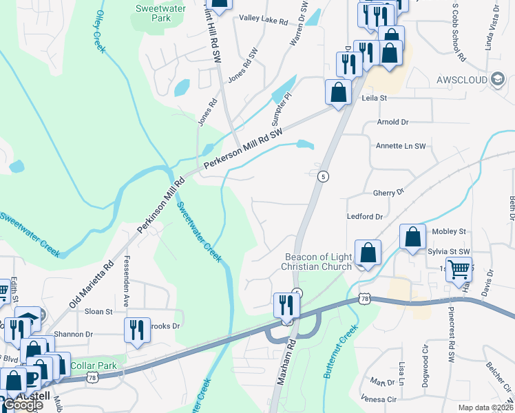 map of restaurants, bars, coffee shops, grocery stores, and more near 3005 Cambrian Terrace in Austell
