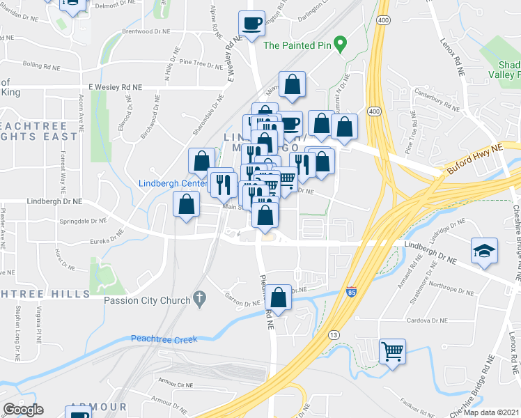 map of restaurants, bars, coffee shops, grocery stores, and more near Piedmont Rd NE & Main St NE in Atlanta