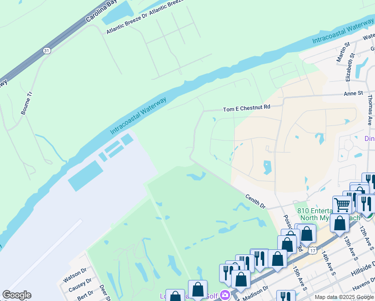 map of restaurants, bars, coffee shops, grocery stores, and more near 107 Cashmere Lane in North Myrtle Beach