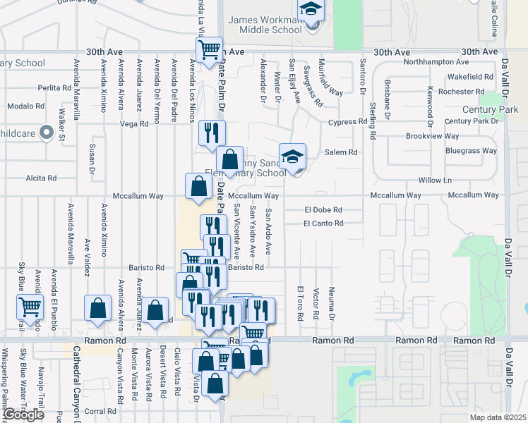 map of restaurants, bars, coffee shops, grocery stores, and more near 31075 San Ardo Avenue in Cathedral City