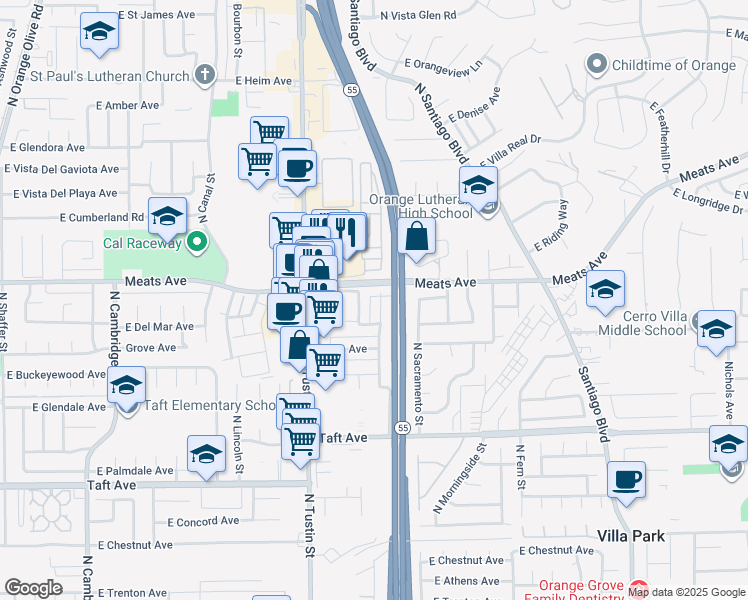 map of restaurants, bars, coffee shops, grocery stores, and more near 2074 North Highland Street in Orange