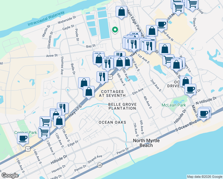 map of restaurants, bars, coffee shops, grocery stores, and more near 629 Wave Rider Lane in North Myrtle Beach