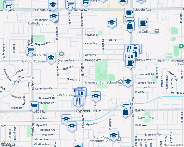 map of restaurants, bars, coffee shops, grocery stores, and more near 9621 Graham Street in Cypress