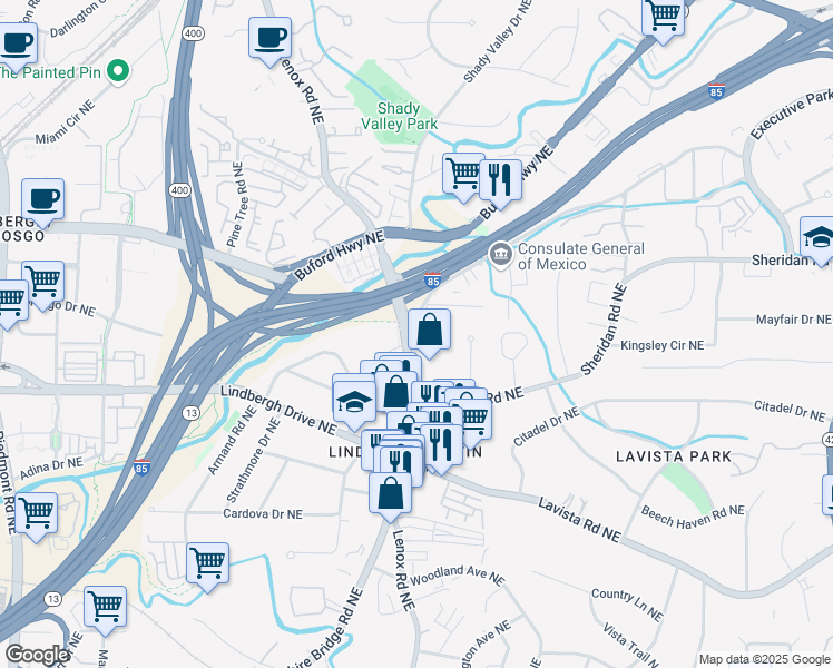 map of restaurants, bars, coffee shops, grocery stores, and more near 2489 Cheshire Bridge Road Northeast in Atlanta
