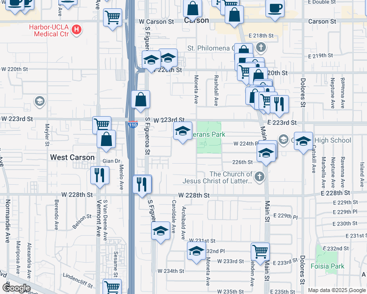 map of restaurants, bars, coffee shops, grocery stores, and more near 22424 Caroldale Avenue in Carson