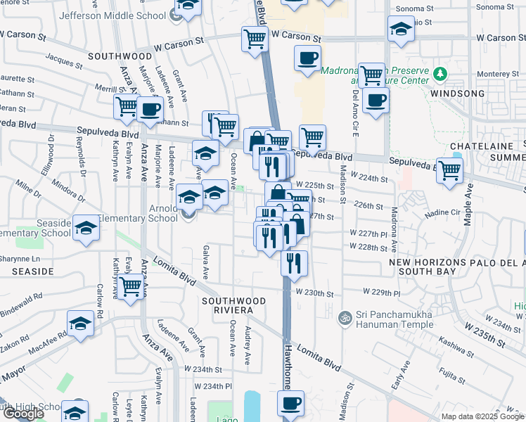 map of restaurants, bars, coffee shops, grocery stores, and more near 3828 226th Street in Torrance