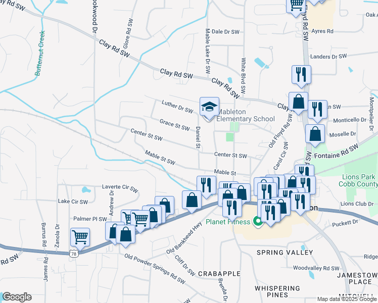 map of restaurants, bars, coffee shops, grocery stores, and more near 5392 Daniel Street in Mableton