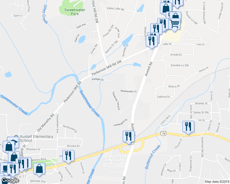 map of restaurants, bars, coffee shops, grocery stores, and more near 3005 Cambrian Terrace in Austell