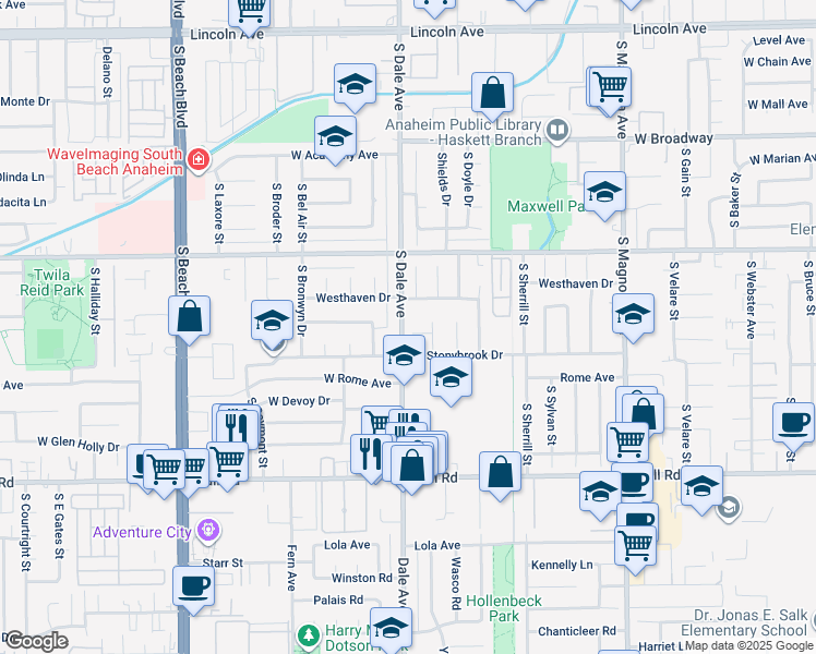 map of restaurants, bars, coffee shops, grocery stores, and more near 2780 West Wilberta Lane in Anaheim