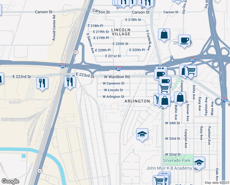 map of restaurants, bars, coffee shops, grocery stores, and more near 3630 River Avenue in Long Beach