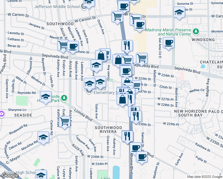 map of restaurants, bars, coffee shops, grocery stores, and more near 22636 Ocean Avenue in Torrance