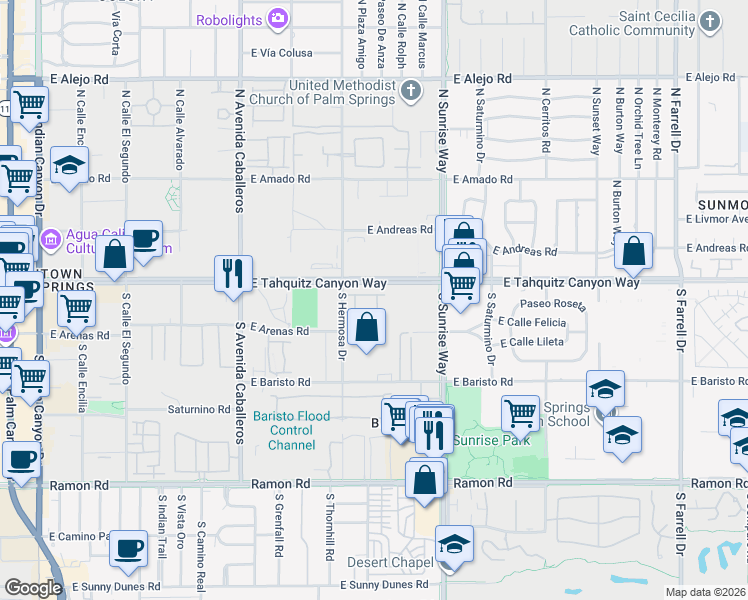 map of restaurants, bars, coffee shops, grocery stores, and more near 1478 E Baristo Rd in Palm Springs