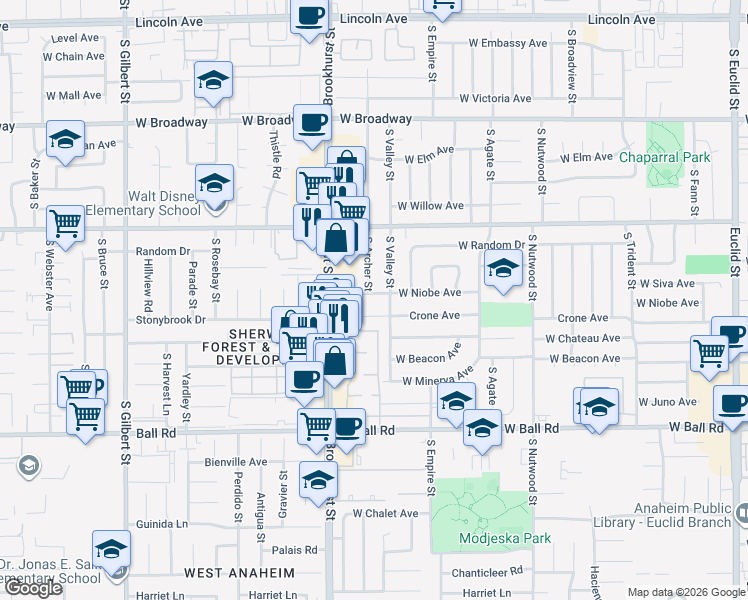map of restaurants, bars, coffee shops, grocery stores, and more near 2148 West Niobe Avenue in Anaheim
