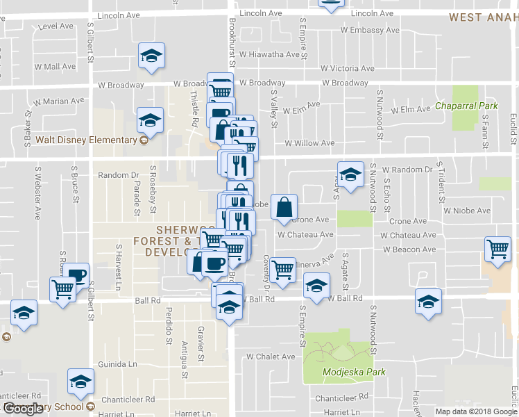 map of restaurants, bars, coffee shops, grocery stores, and more near 2154 West Niobe Avenue in Anaheim