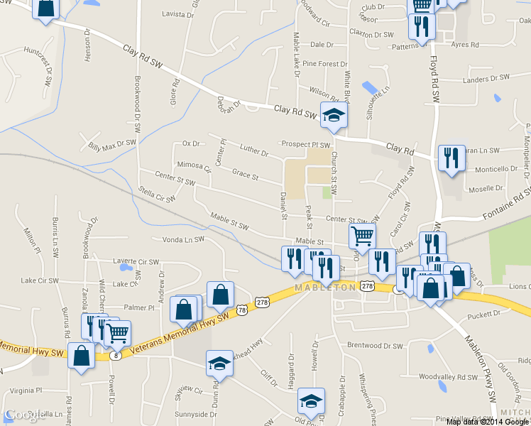 map of restaurants, bars, coffee shops, grocery stores, and more near 1091 Center Street Southwest in Mableton
