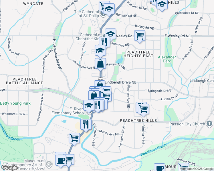 map of restaurants, bars, coffee shops, grocery stores, and more near 2479 Peachtree Road Northeast in Atlanta