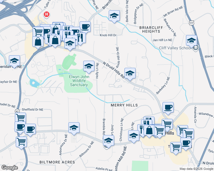 map of restaurants, bars, coffee shops, grocery stores, and more near 1442 Briaroaks Trail Northeast in Atlanta