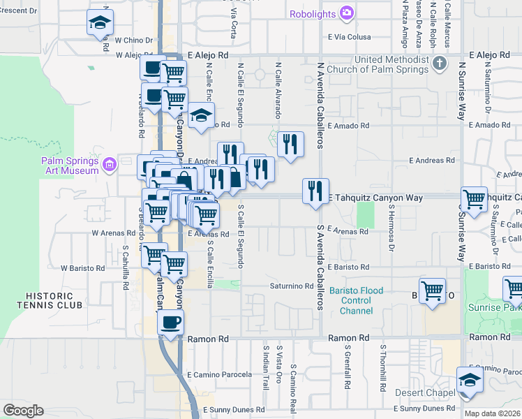 map of restaurants, bars, coffee shops, grocery stores, and more near 777 East Tahquitz Canyon Way in Palm Springs