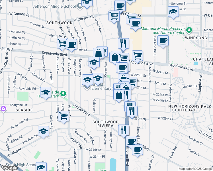 map of restaurants, bars, coffee shops, grocery stores, and more near 22636 Ocean Avenue in Torrance