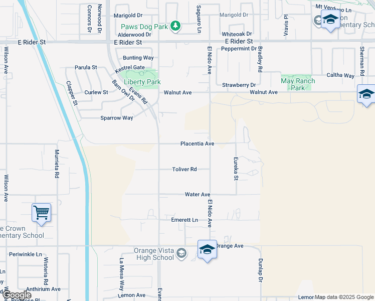 map of restaurants, bars, coffee shops, grocery stores, and more near 26625 Placentia Avenue in Perris