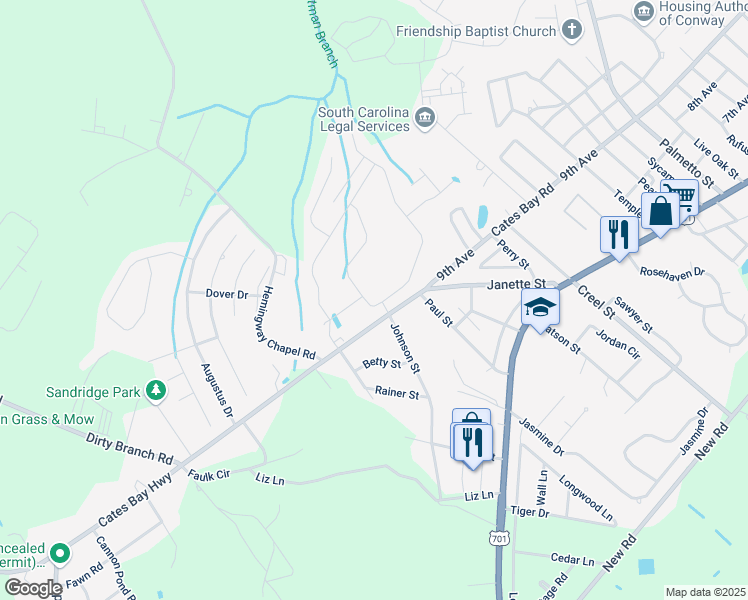 map of restaurants, bars, coffee shops, grocery stores, and more near 3301 Cates Bay Highway in Conway