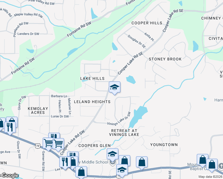 map of restaurants, bars, coffee shops, grocery stores, and more near in Mableton