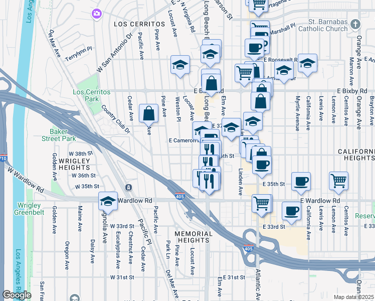 map of restaurants, bars, coffee shops, grocery stores, and more near 180 East 36th Street in Long Beach