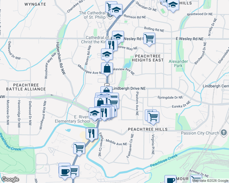 map of restaurants, bars, coffee shops, grocery stores, and more near 2467 Peachtree Road in Atlanta