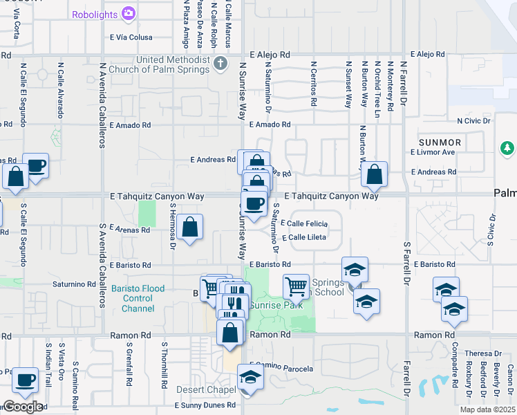 map of restaurants, bars, coffee shops, grocery stores, and more near 170 South Sunrise Way in Palm Springs