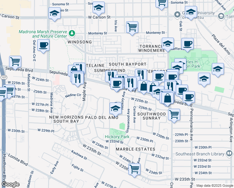 map of restaurants, bars, coffee shops, grocery stores, and more near 22513 Hickory Avenue in Torrance