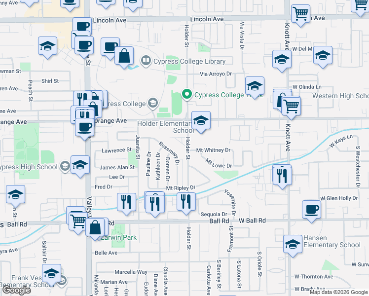 map of restaurants, bars, coffee shops, grocery stores, and more near 6480 Sonora Way in Cypress