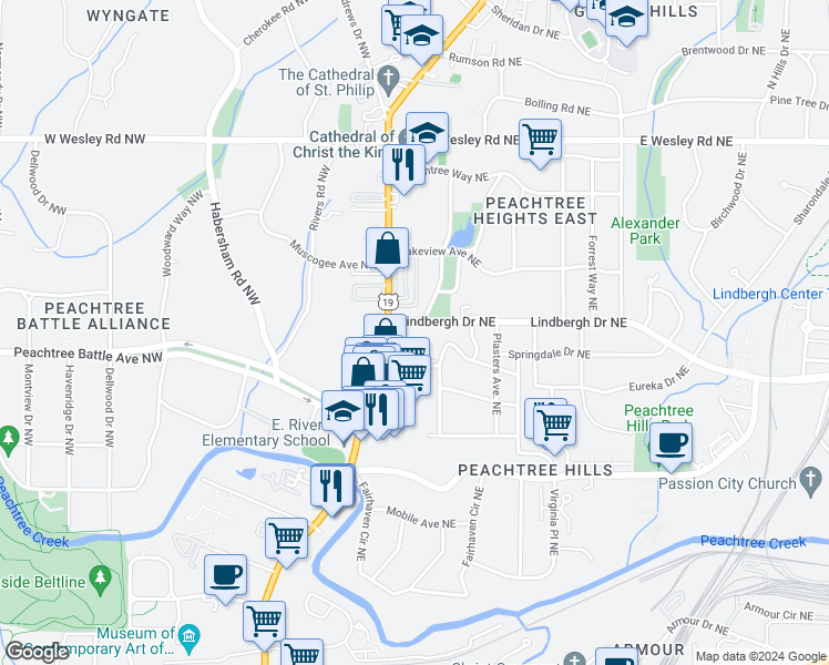 map of restaurants, bars, coffee shops, grocery stores, and more near 2467 Peachtree Road in Atlanta