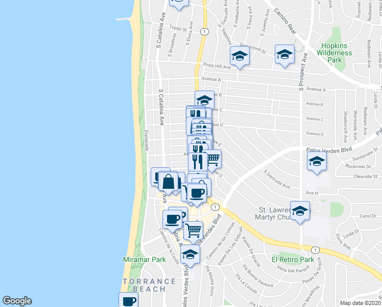map of restaurants, bars, coffee shops, grocery stores, and more near 228 Ave F in Redondo Beach