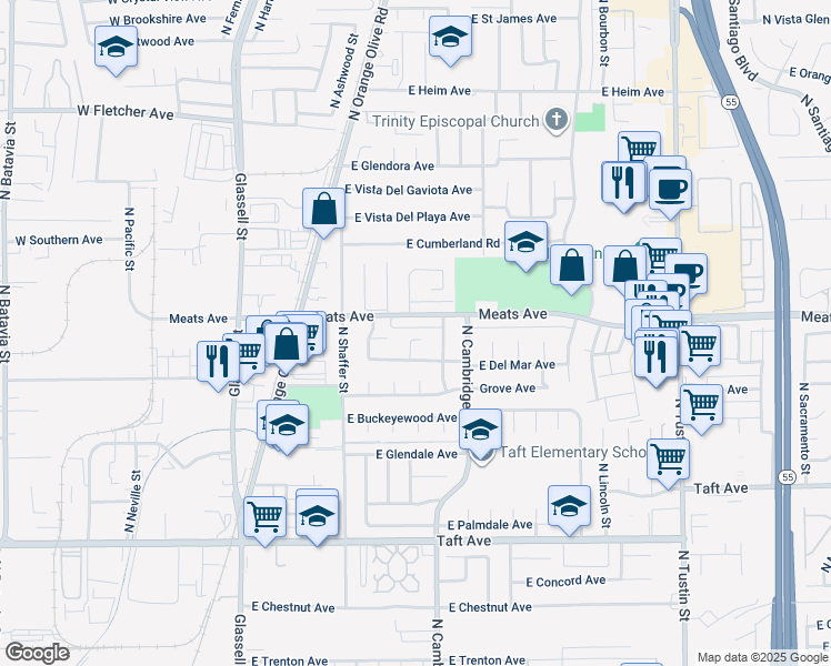 map of restaurants, bars, coffee shops, grocery stores, and more near 2045 North Genessee Street in Orange