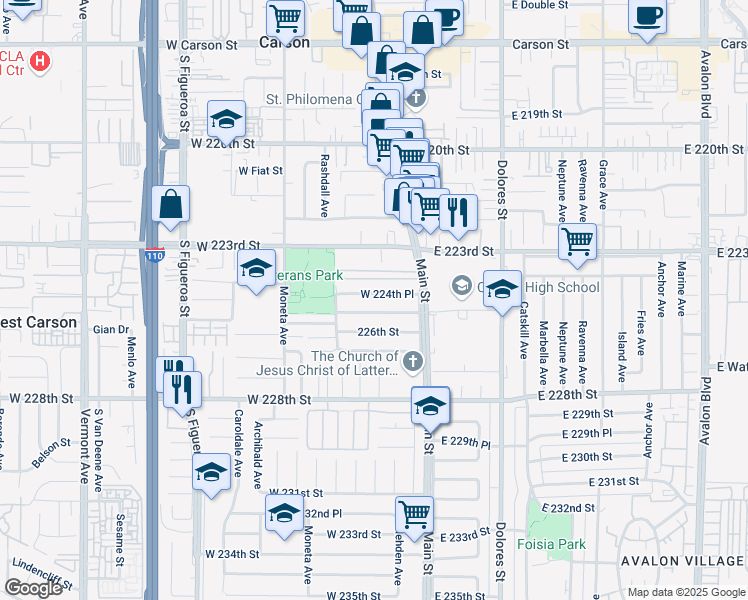 map of restaurants, bars, coffee shops, grocery stores, and more near 158 West 225th Street in Carson