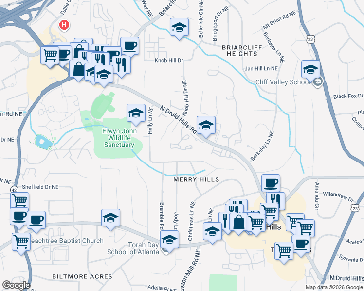 map of restaurants, bars, coffee shops, grocery stores, and more near 1363 North Crossing Drive in Atlanta